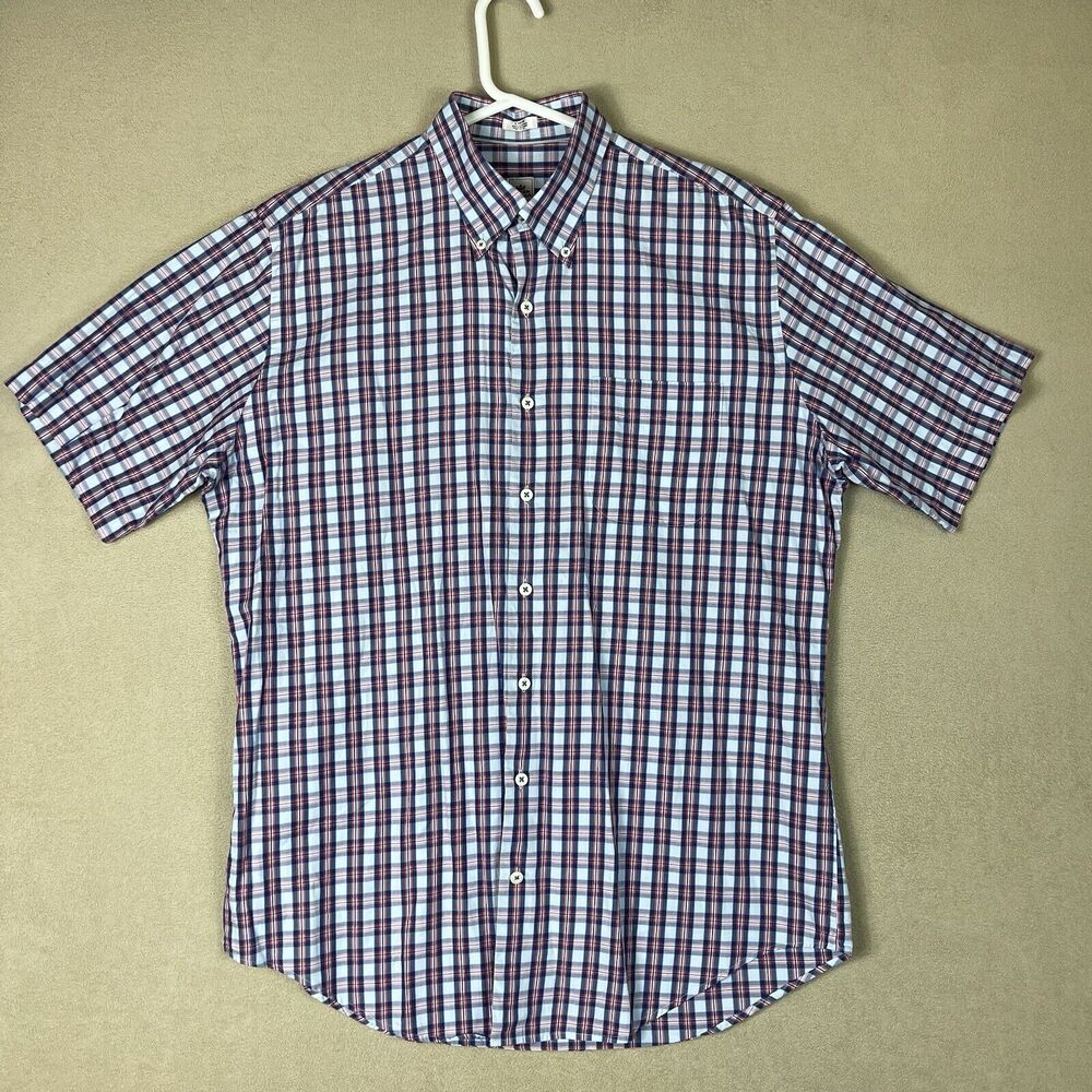 Peter Millar‎ Shirt Men Large Red Blue Plaid Short Sleeve Button Preppy Adult